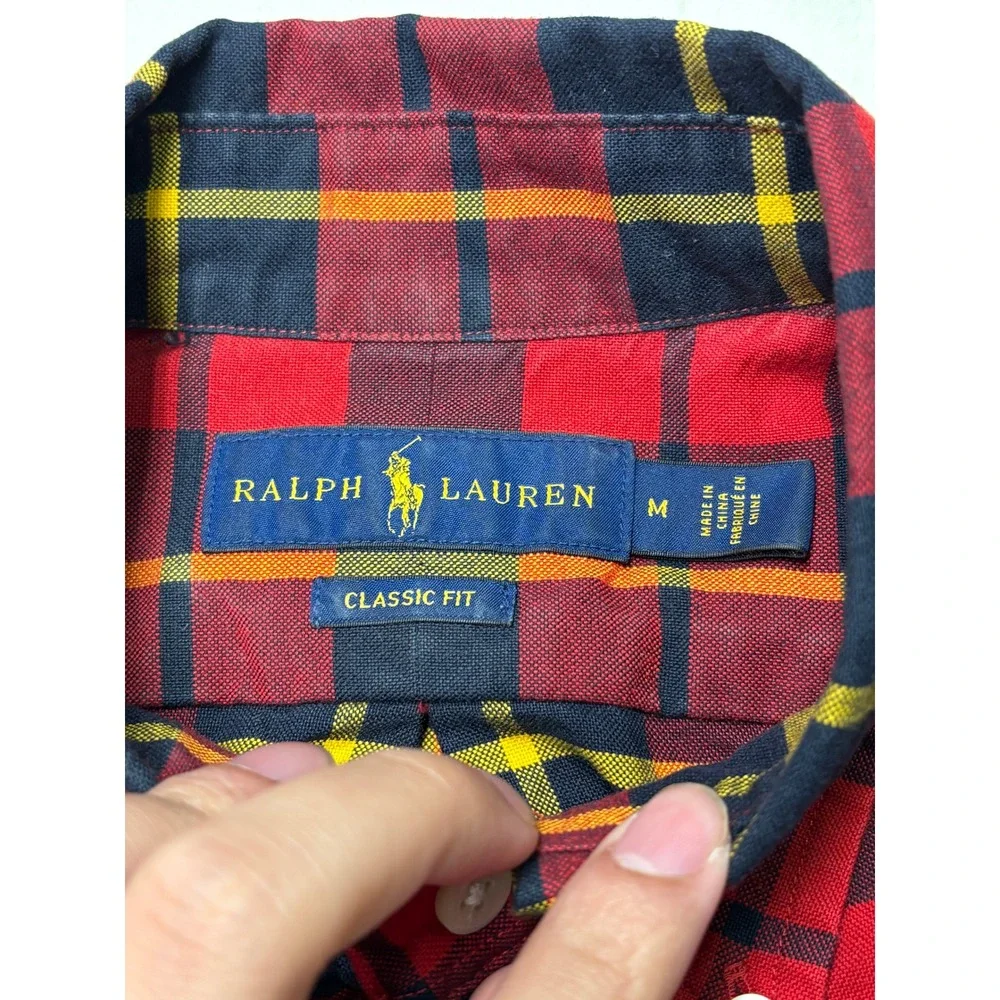 Polo Ralph Lauren Mens Classic Fit Red Navy Yellow Plaid Cotton Shirt Size M